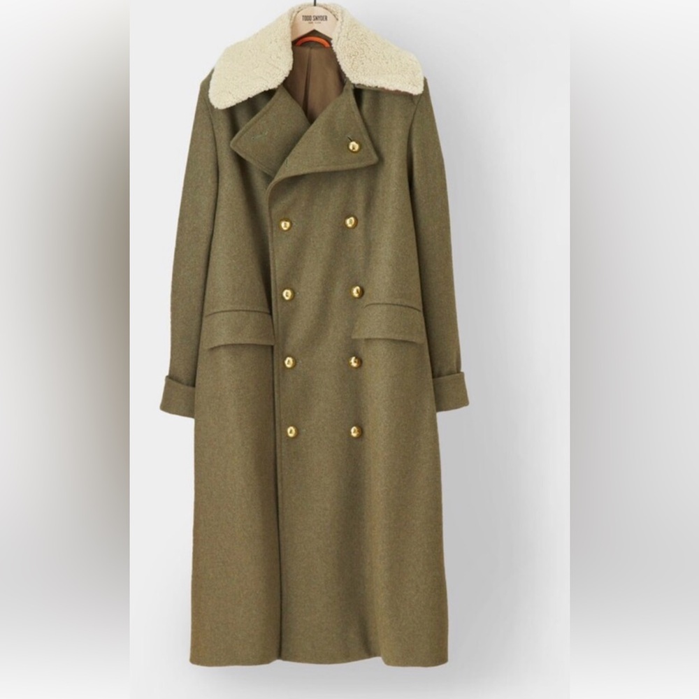 Todd Snyder Olive Military Coat with Gold Buttons & shearling Collar